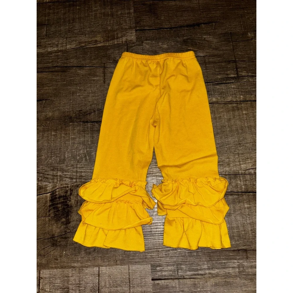 Kids Mustard Yellow Triple Ruffle Leggings Bell Bottom Pants Boutique Style